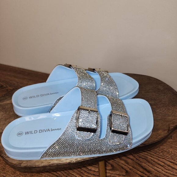 NWB Blue and Rhinestone Double Strap Slide on Sandals - Picture 9 of 9